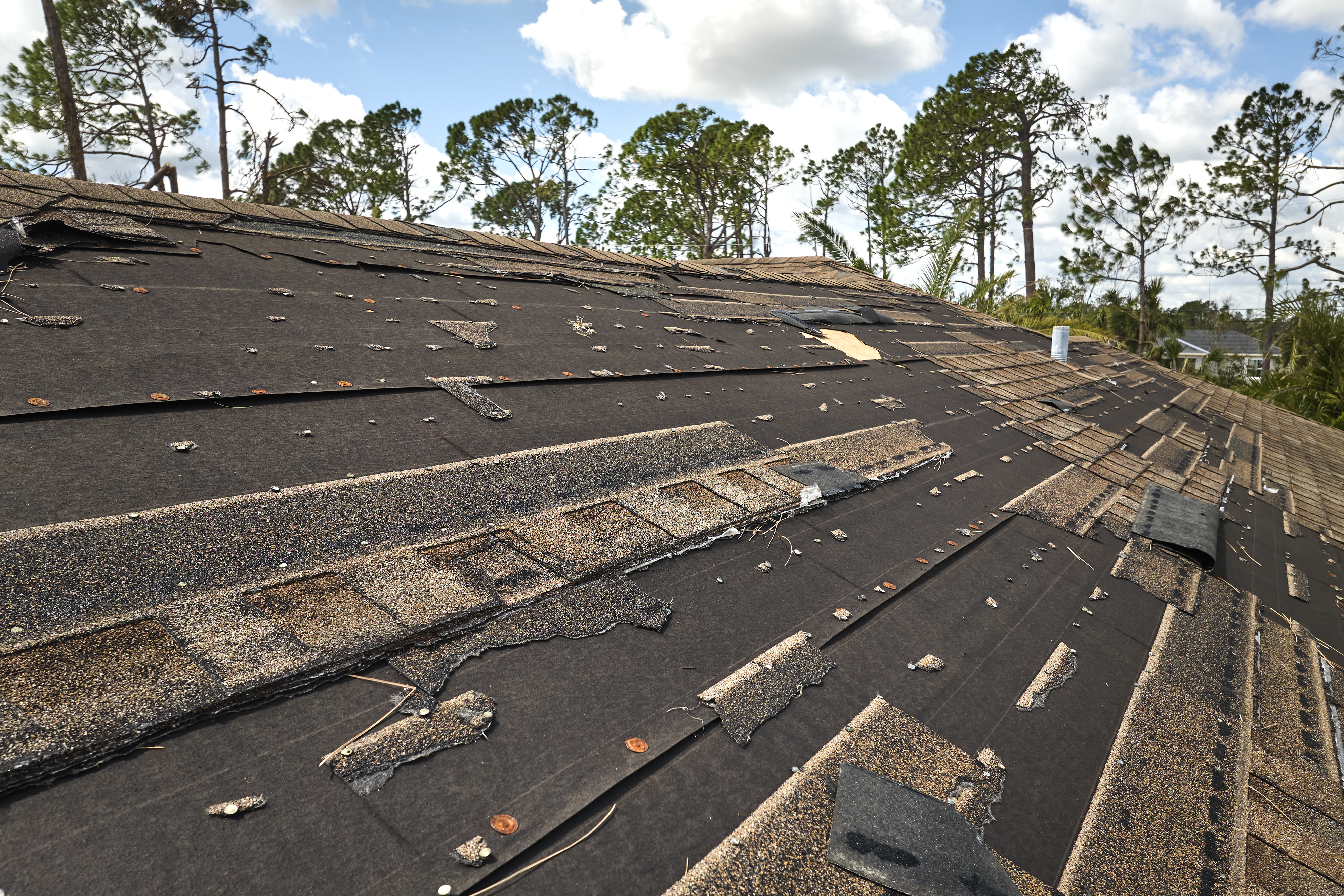 Storm-damaged roof with missing shingles